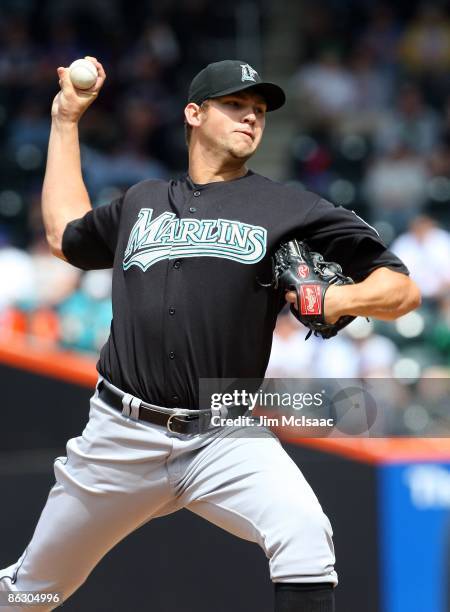 Josh Johnson of the Florida Marlins throws a pitch against the New York Mets on April 29, 2009 at Citi Field in the Flushing neighborhood of the...