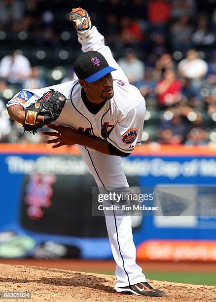 Johan Santana of the New York Mets delivers a pitch against the Florida Marlins on April 29, 2009 at Citi Field in the Flushing neighborhood of the...