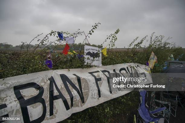 Anti fracking banners surround the KM8 drilling site which is owned by fracking company Third Energy, near the village of Kirby Misperton, on October...