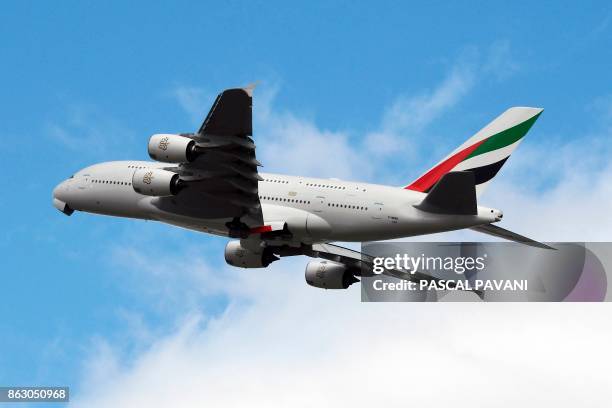 An Airbus A380 of Emirates Airlines is pictured on October 19 after taking off from the Toulouse-Blagnac airport, near Toulouse.