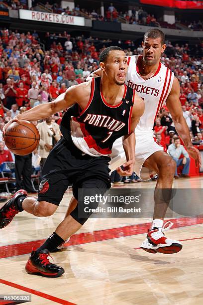 Brandon Roy of the Portland Trail Blazers drives past Shane Battier of the Houston Rockets in Game Four of the Western Conference Quarterfinals...