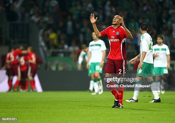 Alex Silva of Hamburg celebrates the first goal during the UEFA Cup Semi Final first leg match between SV Werder Bremen and Hamburger SV at the Weser...