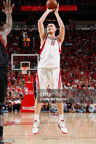 Yao Ming of the Houston Rockets shoots against the Portland Trail Blazers in Game Four of the Western Conference Quarterfinals during the 2009 NBA...