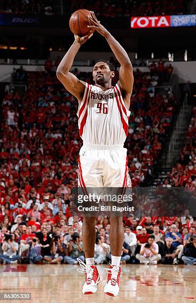 Ron Artest of the Houston Rockets shoots against the Portland Trail Blazers in Game Four of the Western Conference Quarterfinals during the 2009 NBA...