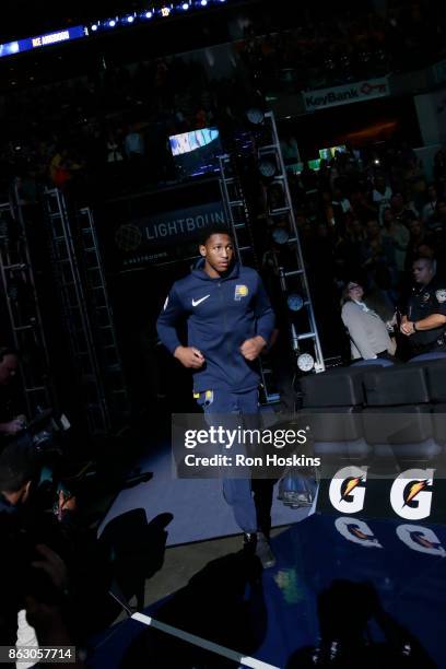 Ike Anigbogu of the Indiana Pacers is introduced before the game against the Brooklyn Nets on October 18, 2017 at Bankers Life Fieldhouse in...