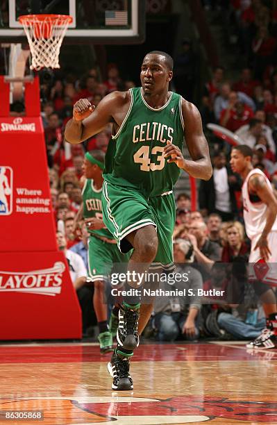 Kendrick Perkins of the Boston Celtics reacts after scoring during the fourth quarter of Game Six of the Eastern Conference Quarterfinals against the...