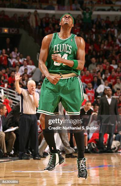 Paul Pierce of the Boston Celtics reacts after hitting a shot during the fourth quarter of Game Six of the Eastern Conference Quarterfinals against...