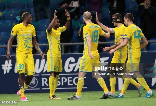 Astana's players celebrate a goal during the UEFA Europa League Group A football match between FC Astana and Maccabi Tel-Aviv FC at the Astana Arena...