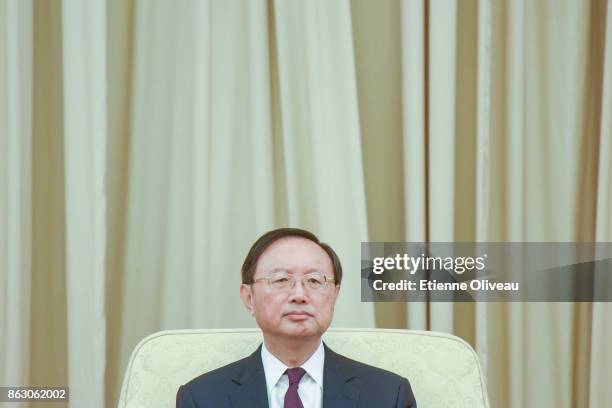 Chinese State Councilor Yang Jiechi attends a meeting of the 19th Communist Party Congress at the Great Hall of the People on October 19, 2017 in...