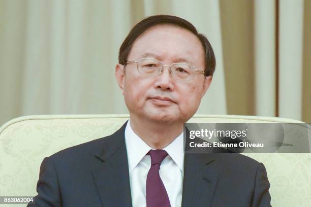 Chinese State Councilor Yang Jiechi attends a meeting of the 19th Communist Party Congress at the Great Hall of the People on October 19, 2017 in...