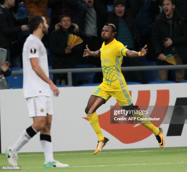 Astana's forward from Ghana Patrick Twumasi celebrates a goal during the UEFA Europa League Group A football match between FC Astana and Maccabi...