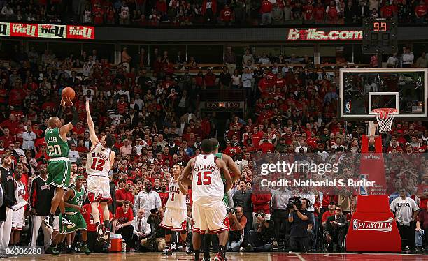 Ray Allen of the Boston Celtics hits a shot over Kirk Hinrich of the Chicago Bulls to tie Game Six of the Eastern Conference Quarterfinals sending it...