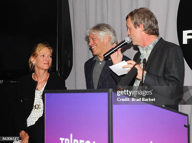 Actress Uma Thurman, Richard Schoff and director Todd Haynes onstage at the Awards Night party during the 2009 Tribeca Film Festival at USB on April...