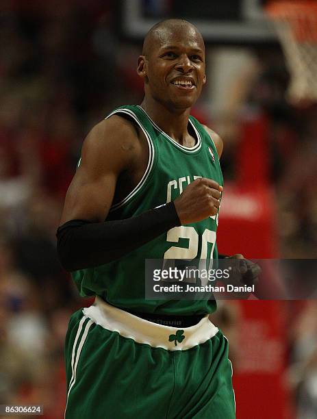 Ray Allen of the Boston Celtics smiles after hitting a shot on his way to a game-high 51 points against the Chicago Bulls in Game Six of the Eastern...