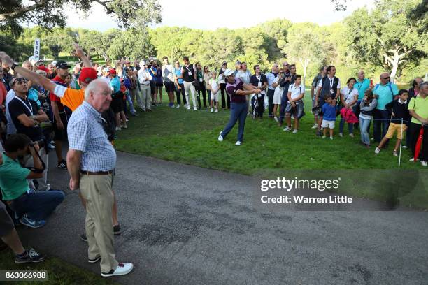 Jon Rahm of Spain chips to the 18th green during day one of the Andalucia Valderrama Masters at Real Club Valderrama on October 19, 2017 in Cadiz,...