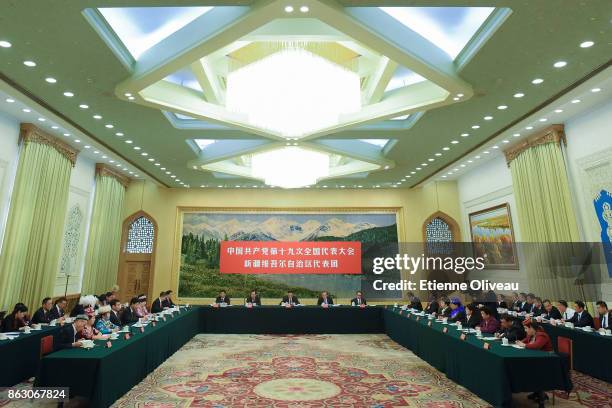 General view of the Xinjiang Hall during a meeting of the 19th Communist Party Congress at the Great Hall of the People on October 19, 2017 in...