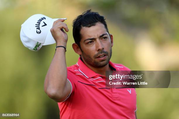 Pablo Larrazabal of Spain acknowledges the crowd on the 18th green during day one of the Andalucia Valderrama Masters at Real Club Valderrama on...