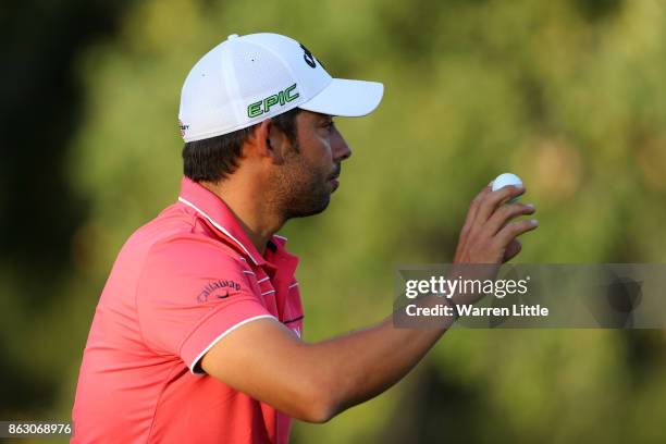 Pablo Larrazabal of Spain acknowledges the crowd on the 18th green during day one of the Andalucia Valderrama Masters at Real Club Valderrama on...