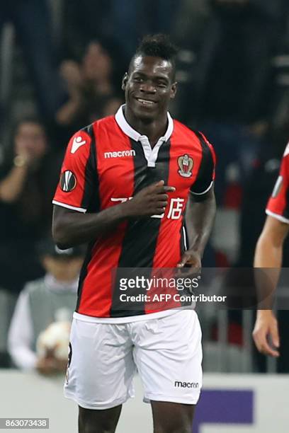 Nice's Italian forward Mario Balotelli celebrates after scoring a goal during the UEFA Europa League football match between Nice and Lazio on October...