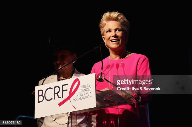 Roz Goldstein and Joan Lunden speak onstage at the Breast Cancer Research Foundation New York Symposium and Awards Luncheon at New York Hilton on...