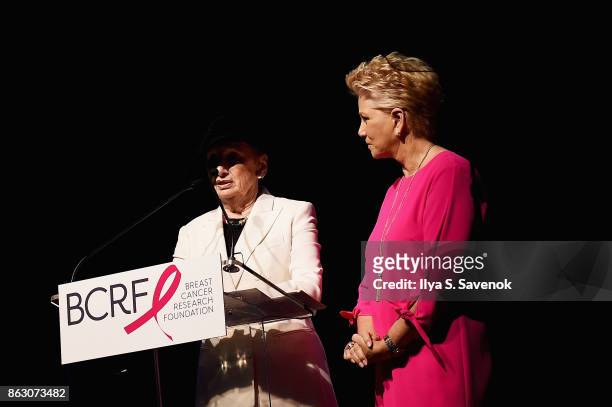 Roz Goldstein and Joan Lunden speak onstage at the Breast Cancer Research Foundation New York Symposium and Awards Luncheon at New York Hilton on...