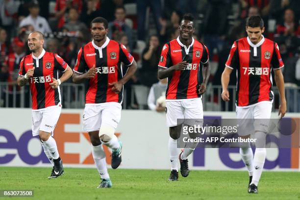 Nice's Italian forward Mario Balotelli celebrates after scoring a goal during the UEFA Europa League football match between Nice and Lazio on October...