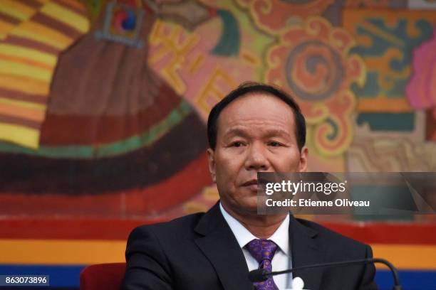 Chairman of the Tibetan Autonomous Region People's Government Qizhala attends a meeting of the 19th Communist Party Congress at the Great Hall of the...