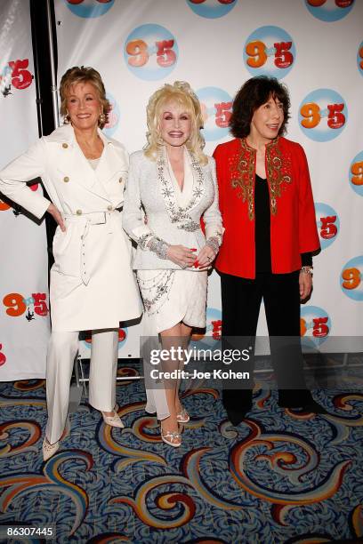 The original cast of the film "9 to 5" Jane Fonda, Dolly Parton and Lily Tomlin attend the opening of "9 to 5: The Musical" on Broadway at the...
