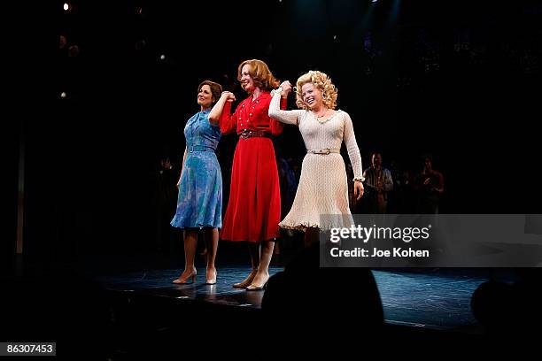 Actresses Stephanie J. Block, Allison Janney and Megan Hilty on stage during curtain call at the opening of "9 to 5: The Musical" on Broadway at the...