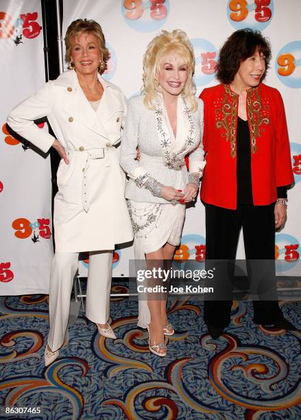 The original cast of the film "9 to 5" Jane Fonda, Dolly Parton and Lily Tomlin attend the opening of "9 to 5: The Musical" on Broadway at the...