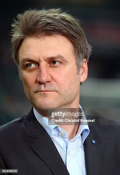 Manager Dietmar Beiersdorfer is seen before the UEFA Cup Semi Final first leg match between SV Werder Bremen and Hamburger SV at the Weser stadium on...