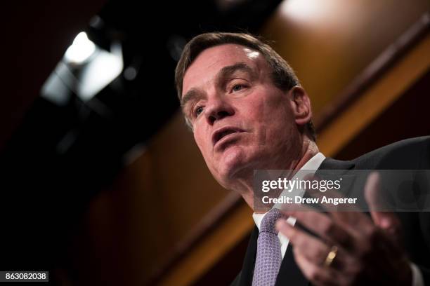 Sen. Mark Warner speaks during a press conference to introduce the 'Honest Ads Act,' on Capitol Hill, October 19, 2017 in Washington, DC. The...