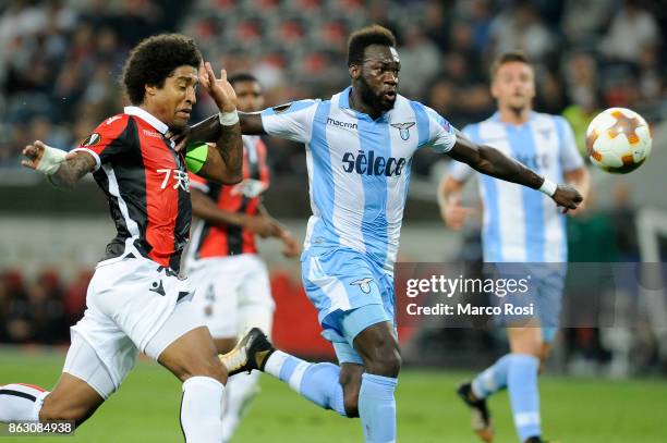 Felipe Caicedo of SS Lazio compete for the ball with Dante of OGC Nice during the UEFA Europa League group K match between OGC Nice and Lazio at...