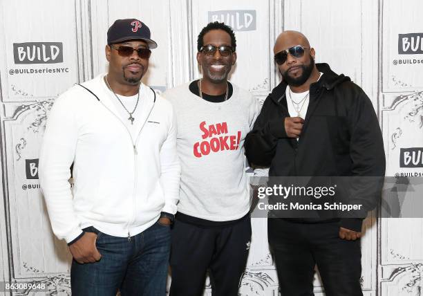 Singers Nathan Morris, Shawn Stockman and Wanya Morris of Boyz II Men discuss their album "Under the Streetlight" at Build Studio on October 19, 2017...