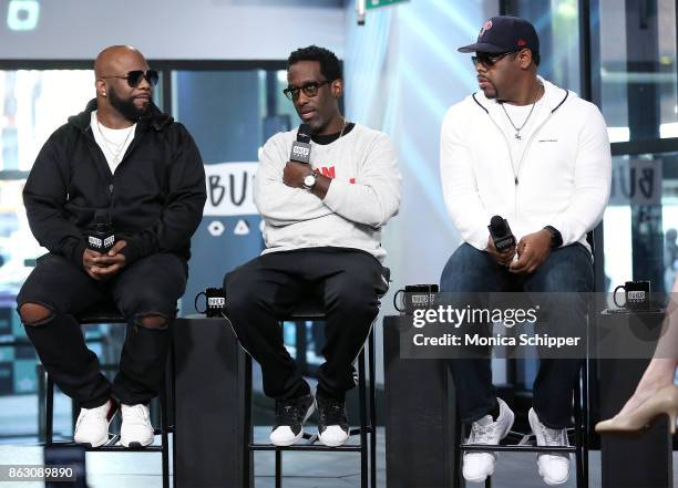 Singers Wanya Morris, Shawn Stockman and Nathan Morris of Boyz II Men discuss their album "Under the Streetlight" at Build Studio on October 19, 2017...