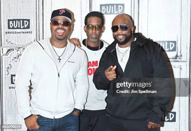 Singers Nathan Morris, Shawn Stockman and Wanya Morris of Boyz II Men attend Build to discuss their album "Under the Streetlight" at Build Studio on...