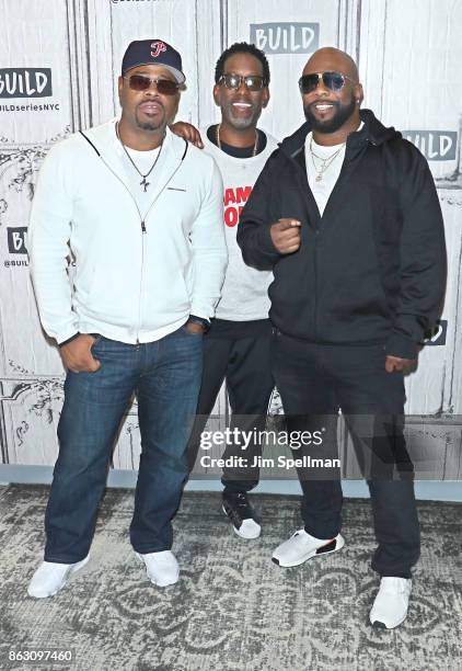 Singers Nathan Morris, Wanya Morris and Shawn Stockman of Boyz II Men attend Build to discuss their album "Under the Streetlight" at Build Studio on...