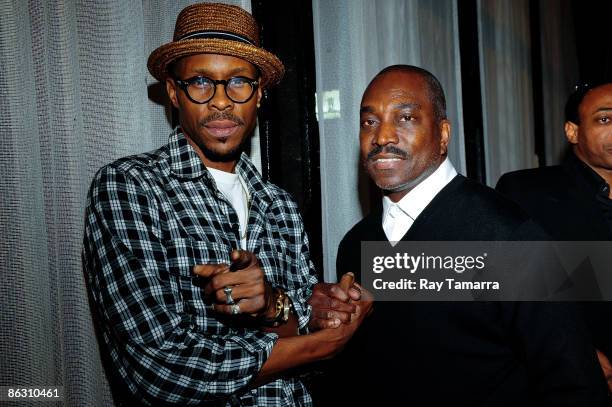 Actors Wood Harris and Clifton Powell attend the "Jazz in the Diamond District" New York premiere after party at Merkato 55 on April 30, 2009 in New...