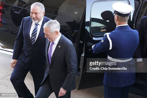 Defense Secretary James Mattis welcomes Israeli Defense Minister Avigdor Lieberman to the Pentagon on October 19, 2017 in Arlington, Virginia. The...