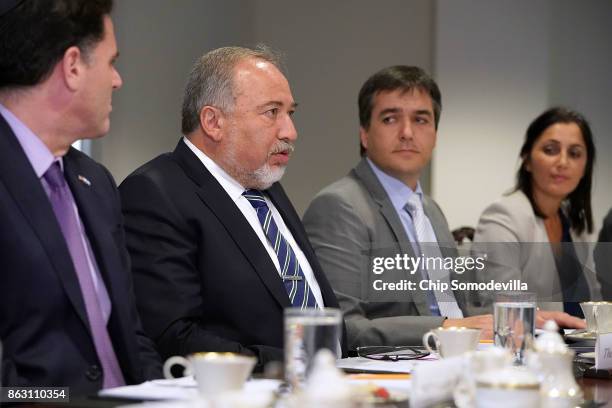 Israeli Defense Minister Avigdor Lieberman delivers brief remarks before a lunch meeting with U.S. Defense Secretary James Mattis and other officials...