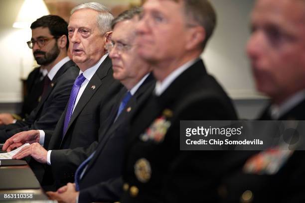 Defense Secretary James Mattis answers reporters' quesitons about the American soliders who were killed in Niger before a lunch meeting with Israeli...