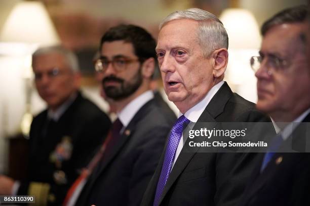 Defense Secretary James Mattis answers reporters' quesitons about the American soliders who were killed in Niger before a lunch meeting with Israeli...