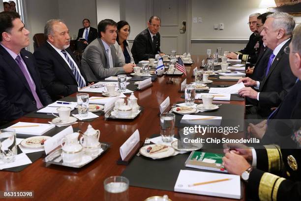 Defense Secretary James Mattis and Israeli Defense Minister Avigdor Lieberman deliver brief remarks before a lunch meeting at the Pentagon on October...