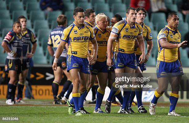 Kris Keating of the Eels is congratulated by his team mates after scoring a try during the round eight NRL match between the Parramatta Eels and the...