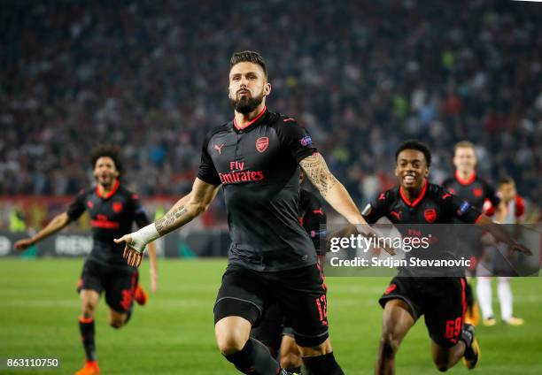 Olivier Giroud of Arsenal celebrates after scoring a goal during the UEFA Europa League group H match between Crvena Zvezda and Arsenal FC at Rajko...