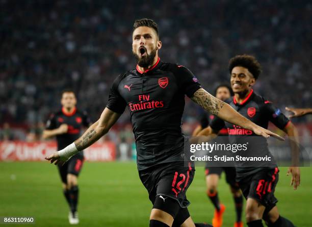 Olivier Giroud of Arsenal celebrates after scoring a goal during the UEFA Europa League group H match between Crvena Zvezda and Arsenal FC at Rajko...