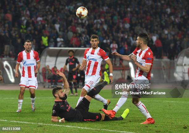 Olivier Giroud scores for Arsenal during the UEFA Europa League group H match between Crvena Zvezda and Arsenal FC at Rajko Mitic Stadium on October...