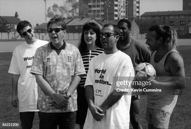 Members of of English rock group New Order with comedian Keith Allen and footballer John Barnes after they recorded the official song of the England...