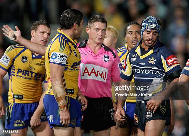 Johnathan Thurston of the Cowboys shows his frustration at the referee's decision during the round eight NRL match between the Parramatta Eels and...