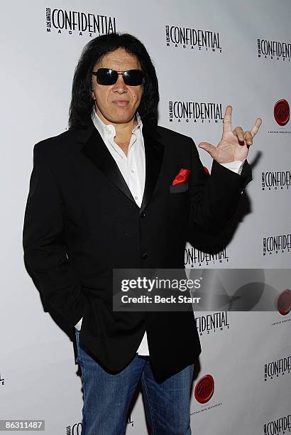 Gene Simmons arrives at Los Angeles Confidential Magazine's May/June Issue Launch Party at XIV Restaurant on April 30, 2009 in West Hollywood,...